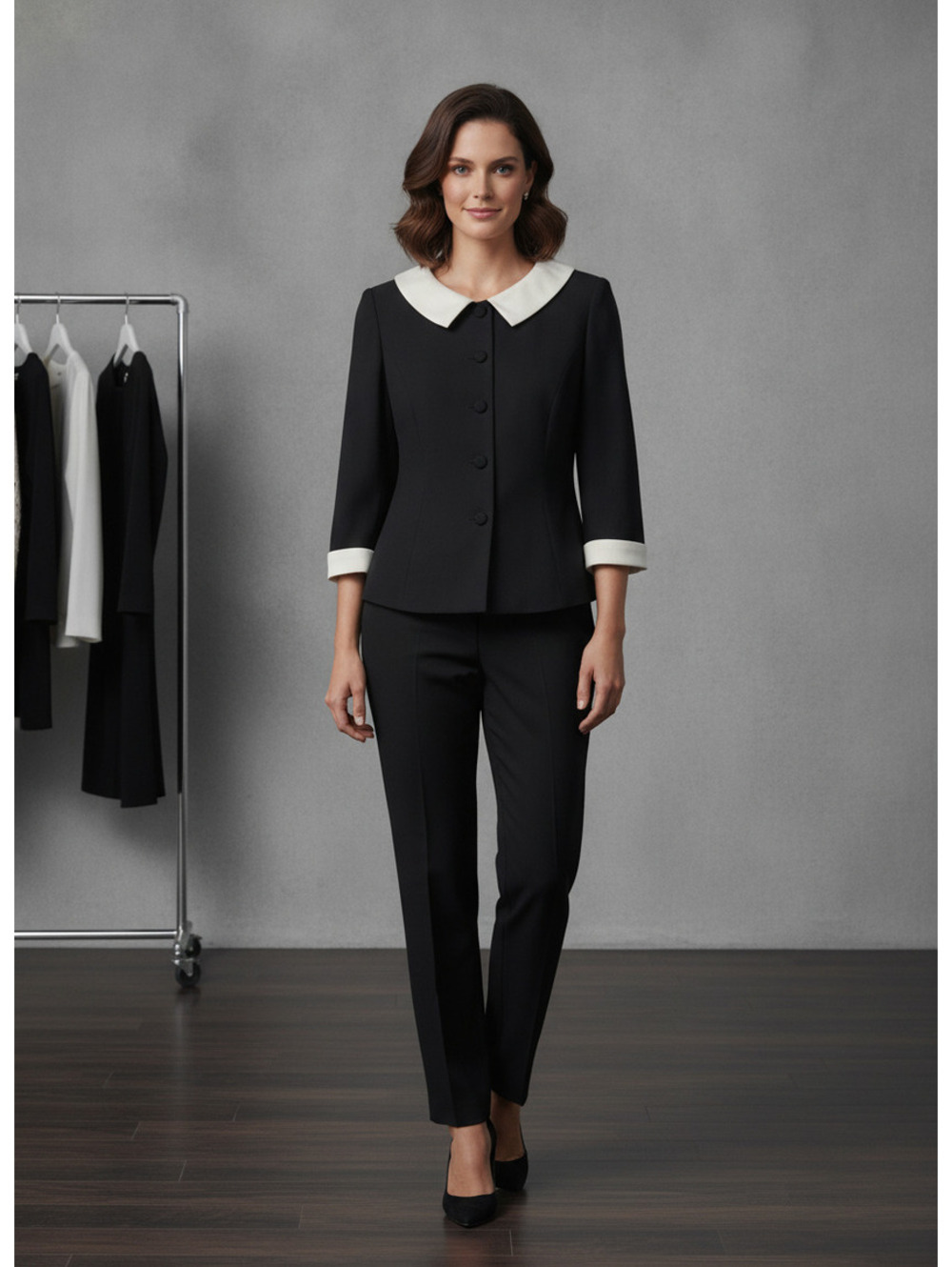 Talbots Black Cropped Blazer Cream Satin Collar Cuffs Button Front Sport Coat